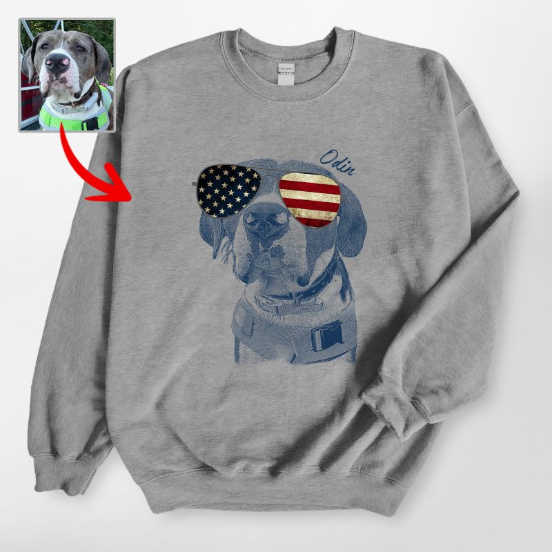 Custom Dog Painting Sweatshirt - American Flag Sunglasses for Patriotic Day - Pawarts