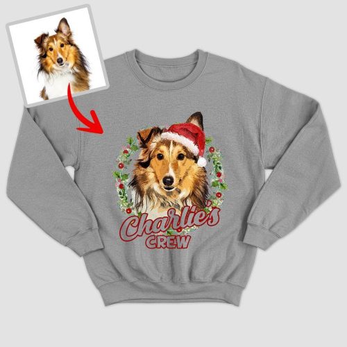 Christmas Sweatshirt with Custom Dog Photo, Vintage Color Style for Dog Lovers - Pawarts