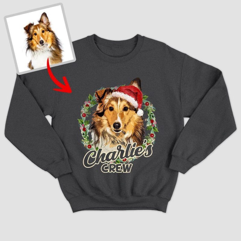 Christmas Sweatshirt with Custom Dog Photo, Vintage Color Style for Dog Lovers - Pawarts