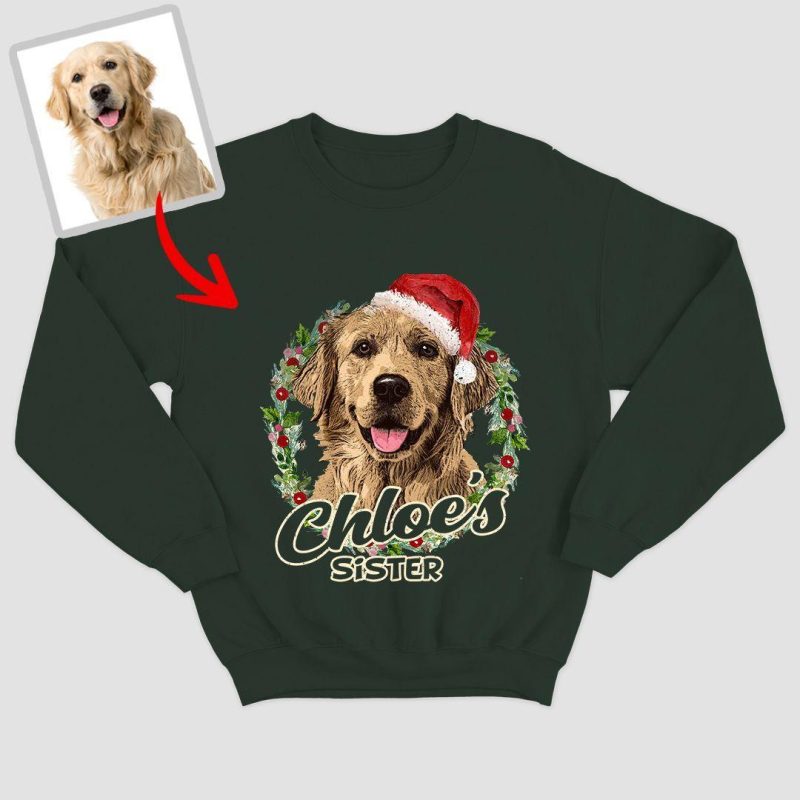 Christmas Sweatshirt with Custom Dog Photo, Vintage Color Style for Dog Lovers - Pawarts