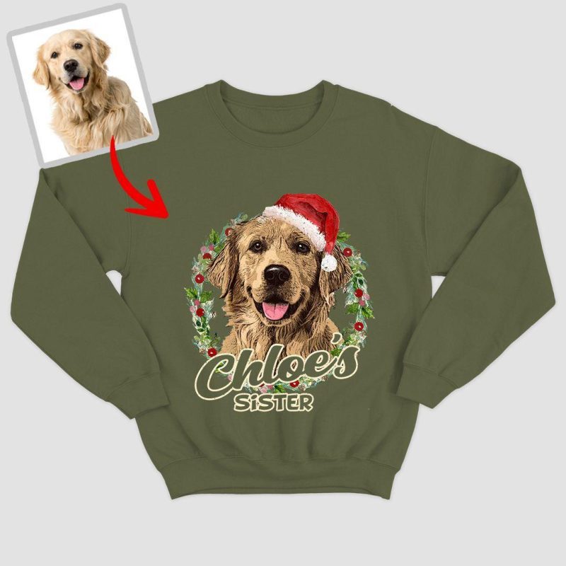 Christmas Sweatshirt with Custom Dog Photo, Vintage Color Style for Dog Lovers - Pawarts