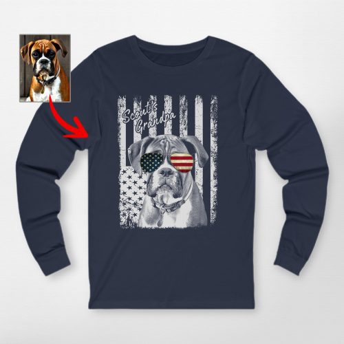 4th of July Personalized American Flag Dog Bella Canvas Long Sleeve Shirt - Pawarts