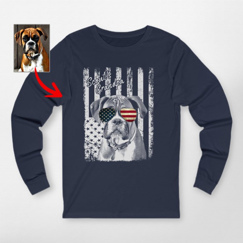 4th of July Personalized American Flag Dog Bella Canvas Long Sleeve Shirt - Pawarts