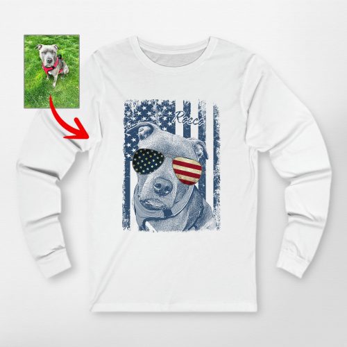 4th of July Personalized American Flag Dog Bella Canvas Long Sleeve Shirt - Pawarts