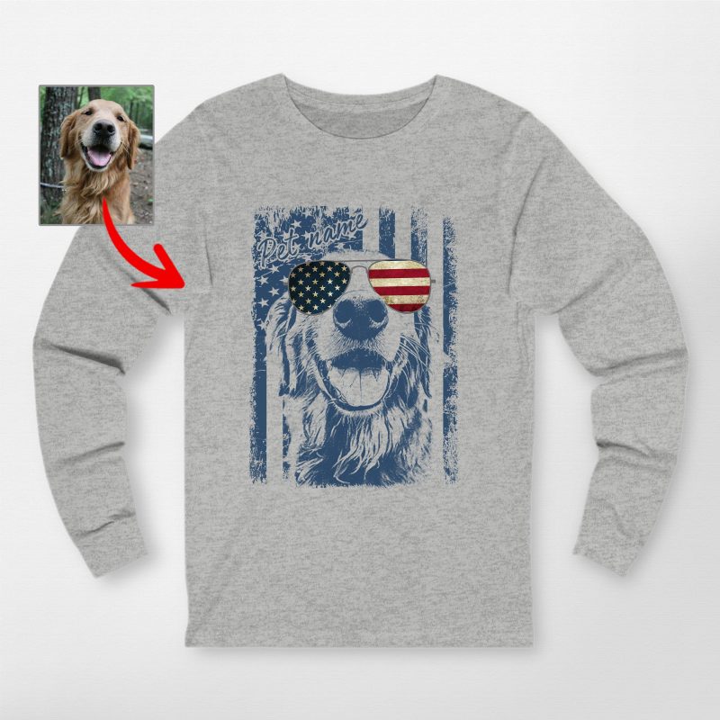 4th of July Personalized American Flag Dog Bella Canvas Long Sleeve Shirt - Pawarts