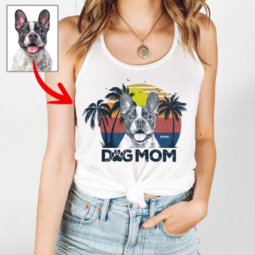 Beach Vintage Custom Dog Photo Style Tank Top with Dog Mom Text for Dog Moms - Pawarts