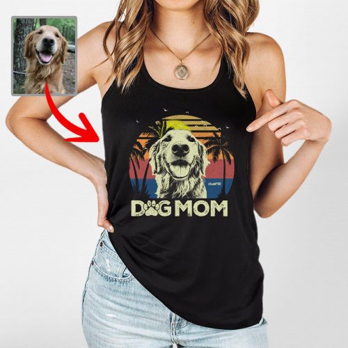 Beach Vintage Custom Dog Photo Style Tank Top with Dog Mom Text for Dog Moms - Pawarts