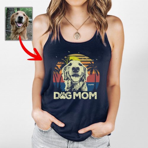 Beach Vintage Custom Dog Photo Style Tank Top with Dog Mom Text for Dog Moms - Pawarts