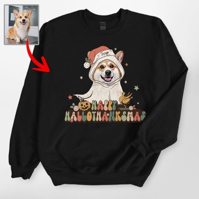 Retro Custom Hallothanksmas Dog Portrait Gildan Sweatshirt For Hooman - Pawarts