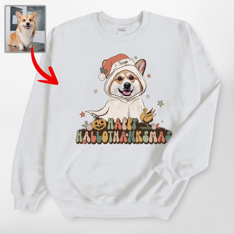 Retro Custom Hallothanksmas Dog Portrait Gildan Sweatshirt For Hooman - Pawarts