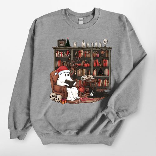 Just Waiting for Christmas - Retro Ghost Reading Gildan Sweatshirt, Gift for Dog Lovers - Pawarts