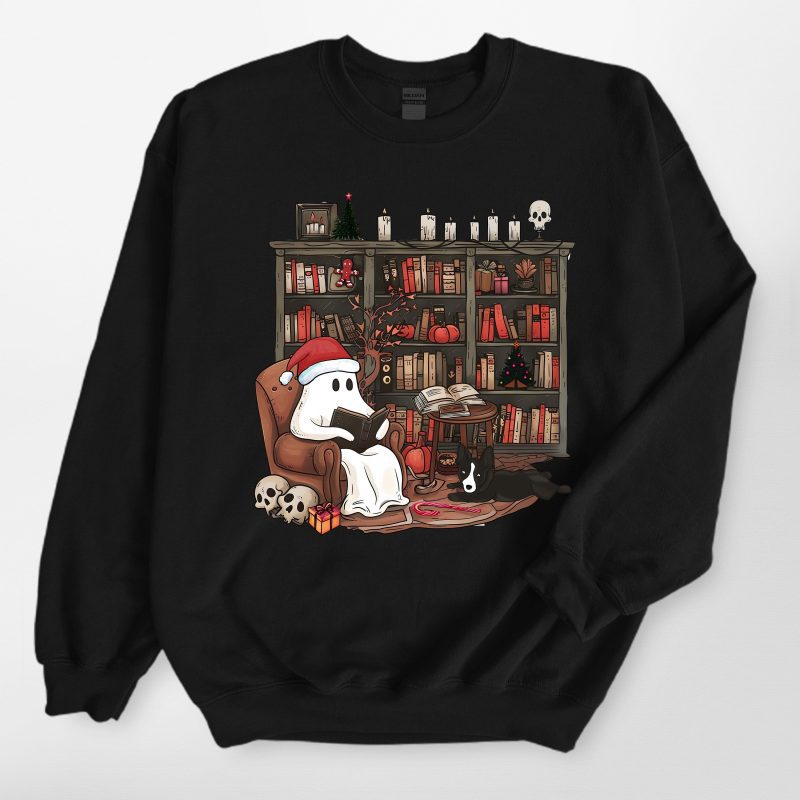 Just Waiting for Christmas - Retro Ghost Reading Gildan Sweatshirt, Gift for Dog Lovers - Pawarts