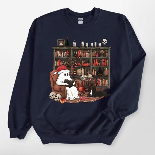 Just Waiting for Christmas - Retro Ghost Reading Gildan Sweatshirt, Gift for Dog Lovers - Pawarts