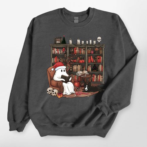 Just Waiting for Christmas - Retro Ghost Reading Gildan Sweatshirt, Gift for Dog Lovers - Pawarts