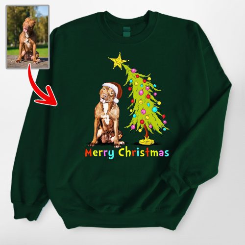 Custom Merry Christmas Dog Sweatshirt – Personalized Pet Photo Holiday Design - Pawarts