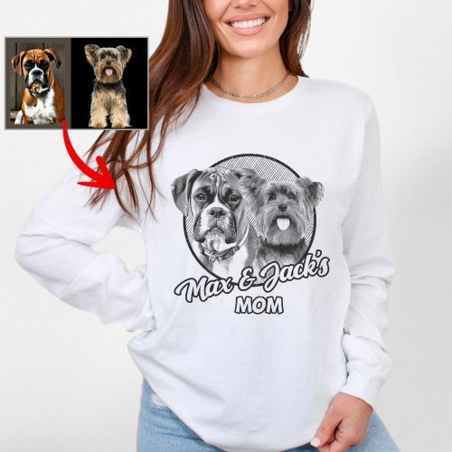 Custom Dog Portrait Bella Canvas Long Sleeve Shirts, Gift for Dog Moms on Mother's Day - Pawarts