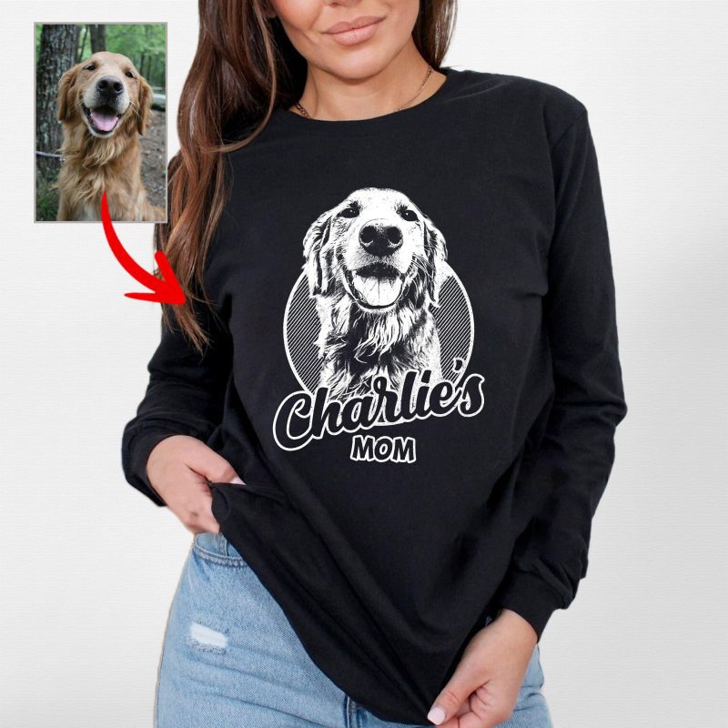 Custom Dog Portrait Bella Canvas Long Sleeve Shirts, Gift for Dog Moms on Mother's Day - Pawarts