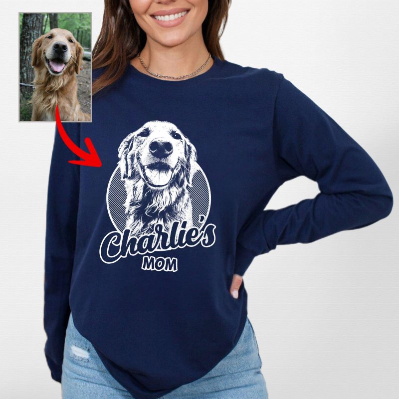 Custom Dog Portrait Bella Canvas Long Sleeve Shirts, Gift for Dog Moms on Mother's Day - Pawarts