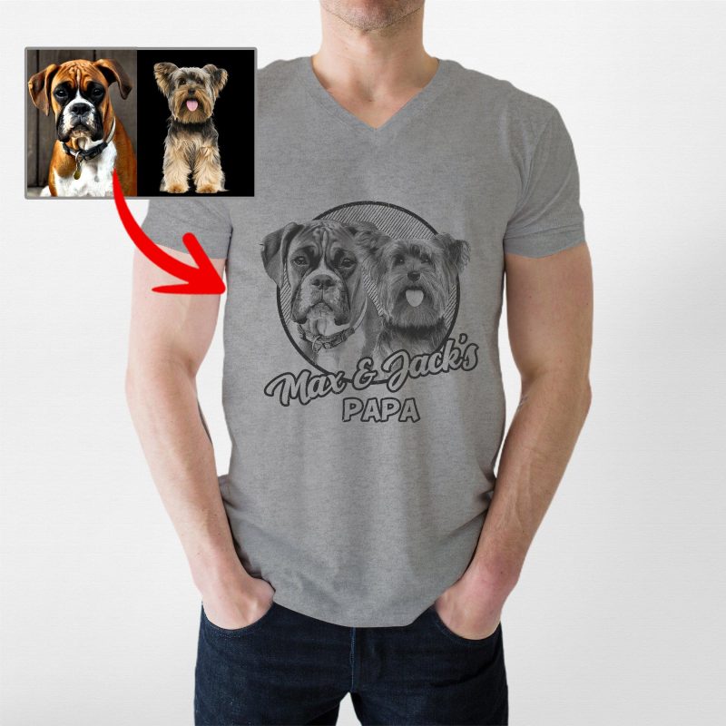 Custom Dog Sketch Portraits V-neck Tee, Gifts For Dog Dads - Pawarts