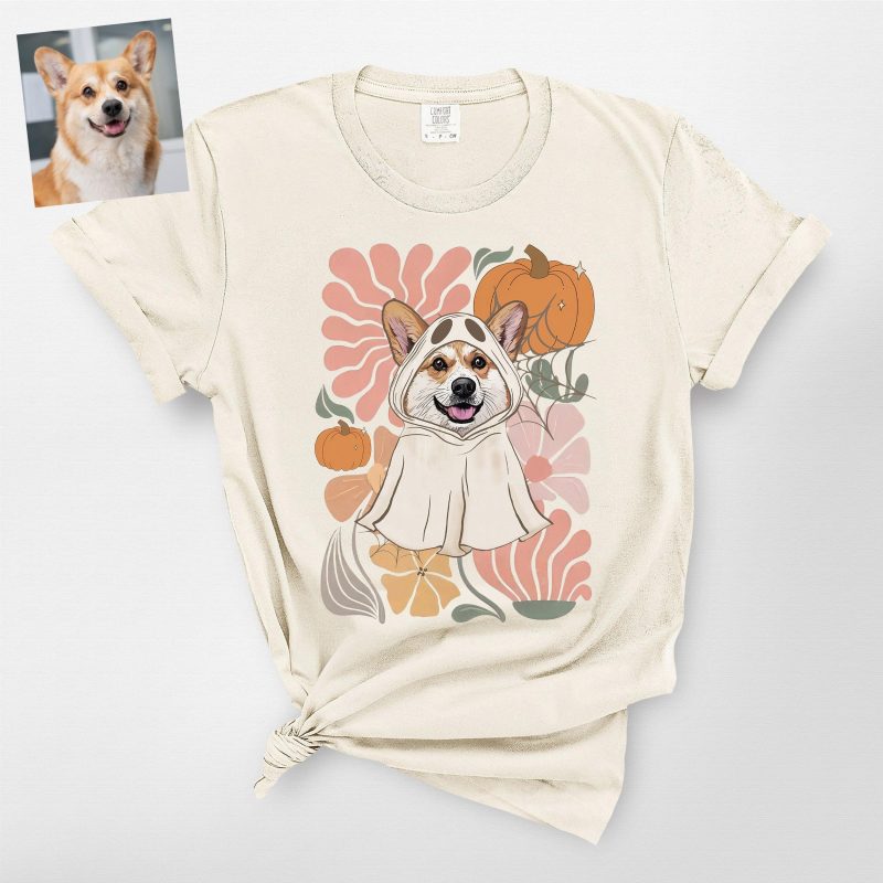 Boho Floral Dog Ghost Halloween Shirt For Dog Mom, Comfort Colors Tee - Pawarts