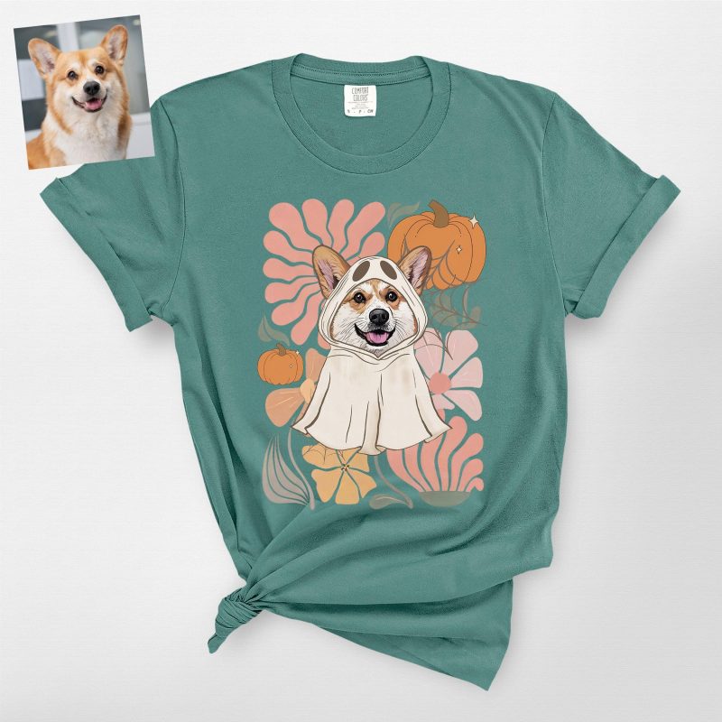 Boho Floral Dog Ghost Halloween Shirt For Dog Mom, Comfort Colors Tee - Pawarts