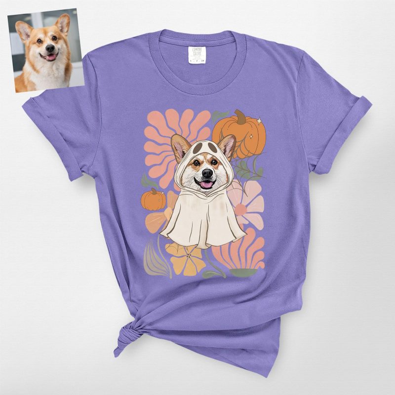 Boho Floral Dog Ghost Halloween Shirt For Dog Mom, Comfort Colors Tee - Pawarts