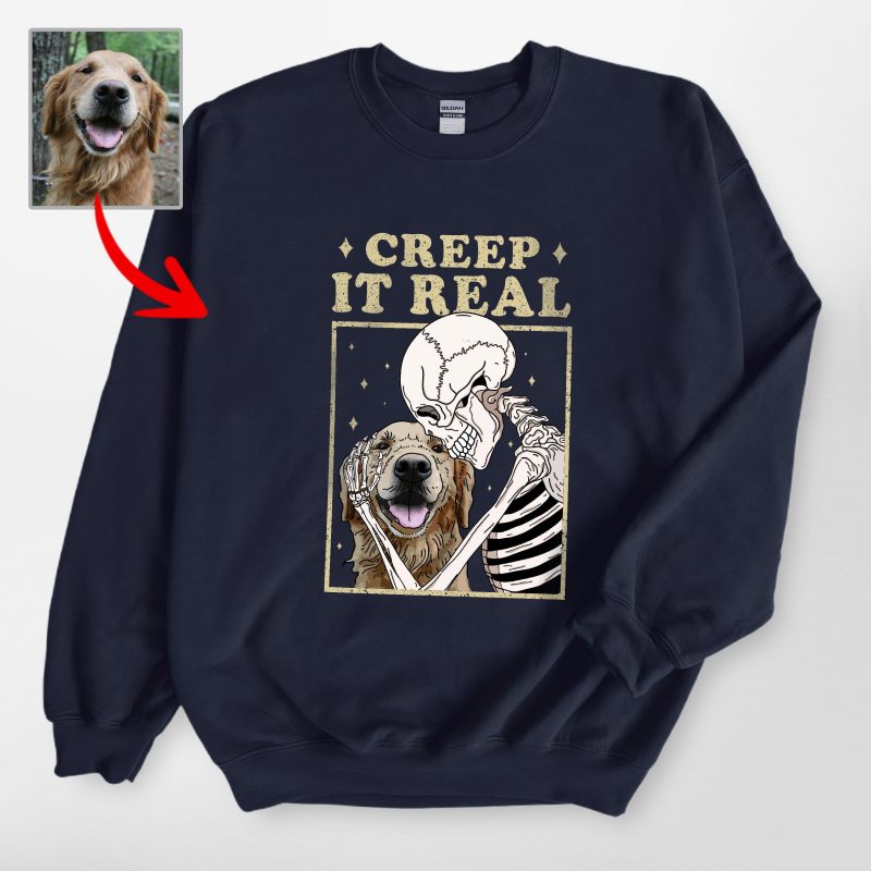 Custom Skeleton Selfie With Dog Sweatshirt for Lovers, Vintage Halloween Tee - Pawarts