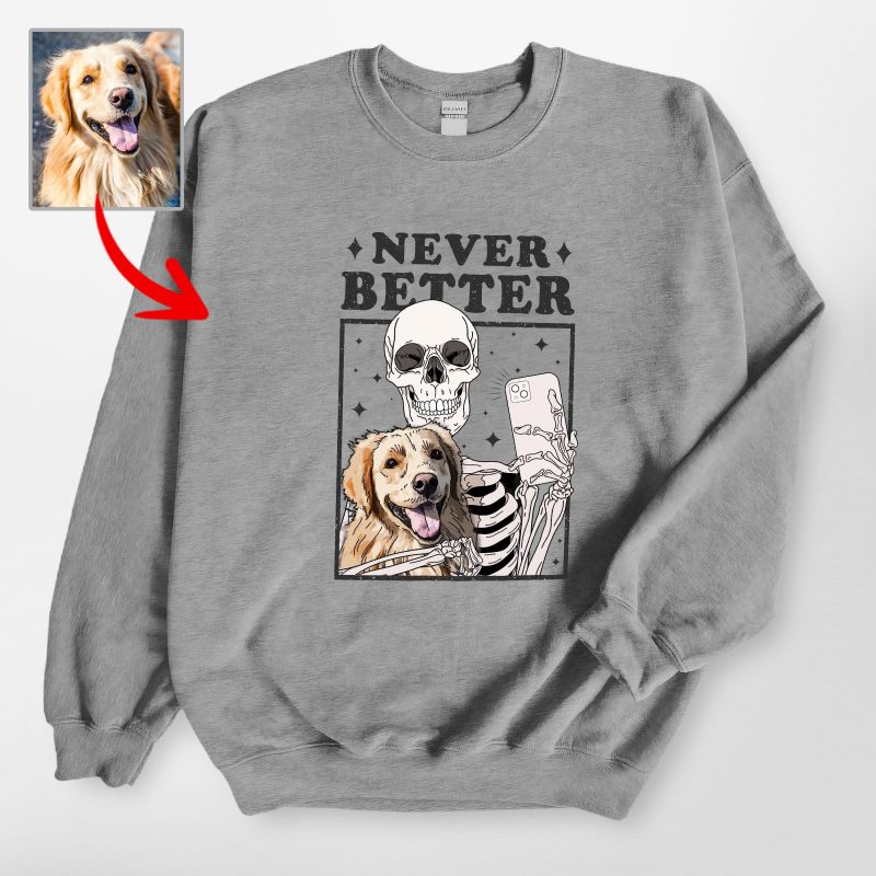 Custom Skeleton Selfie With Dog Sweatshirt for Lovers, Vintage Halloween Tee - Pawarts