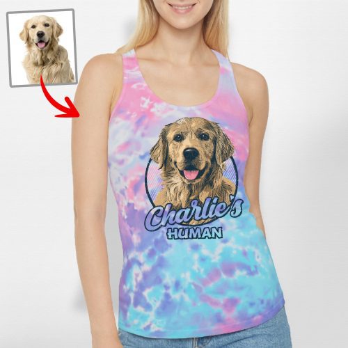 Custom Dog Portrait Tie Dye Racerback Tank Top Gift for Dog Moms and Girls - Pawarts