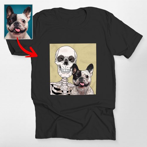 Custom Skeleton Selfie With Dog tshirt for Lovers, Vintage Halloween Tee - Pawarts