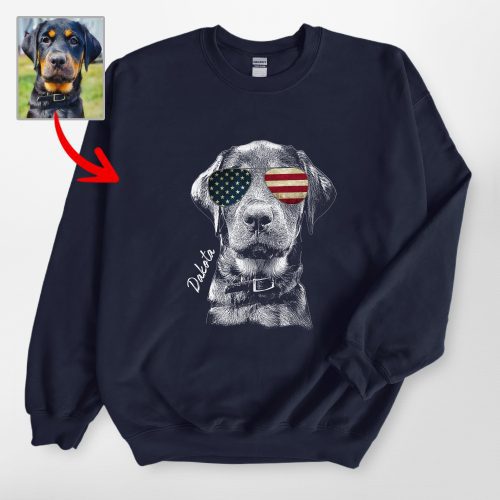 Custom Dog Painting Sweatshirt - American Flag Sunglasses for Patriotic Day - Pawarts