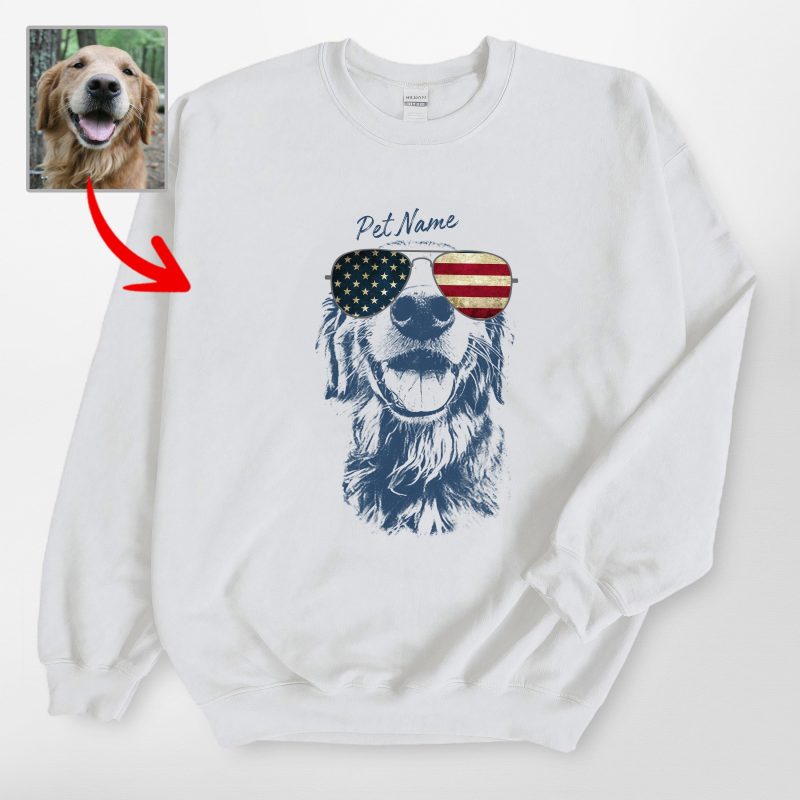 Custom Dog Painting Sweatshirt - American Flag Sunglasses for Patriotic Day - Pawarts